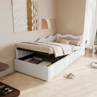 Cadre de lit ottoman rembourré en peluche Comanlai avec coffre de rangement hydraulique, tête de lit LED en forme de vague pour chambre d'enfant 90x200 5