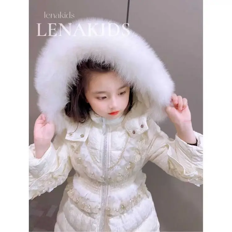 프랑스 디자인 겨울 청소년 소녀용 다운 코튼 파카 코트 2-12 대형 퍼 칼라 레이스 스플라이싱 주니어 키즈 오버코트 아동 외투