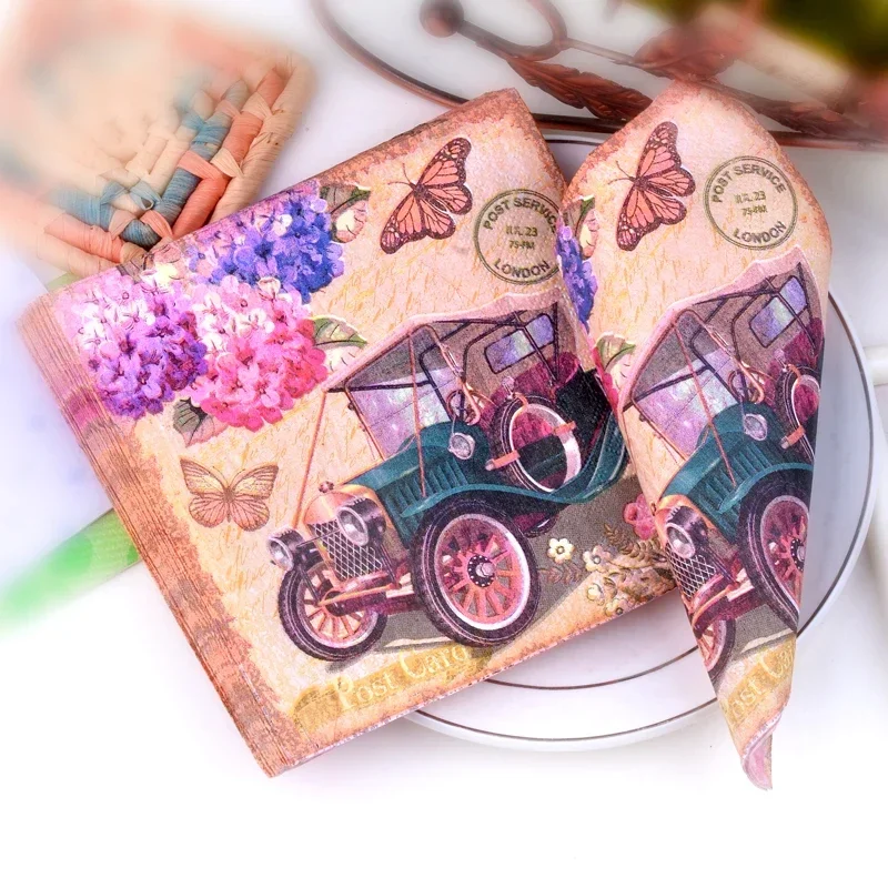 Paper Napkins Disposable Paper Placemats Classic Car Napkins Car Placemats Cup Flower Paper Hydrangea Mouth Cloth Hotel Banquet Paper Wood Pulp 20pcs/pac 33cm 2Ply
