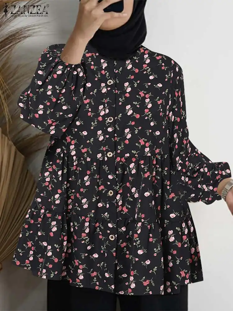 

Летняя рубашка с цветочным принтом, повседневные топы Abaya Hijab, богемные женские топы ZANZEA, винтажная женская мусульманская блузка с длинным рукавом