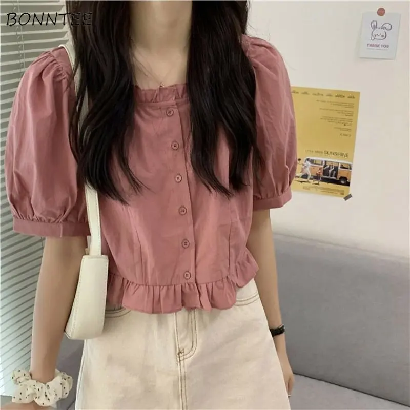 

Shirts Women Solid Folds Sweet Daily All-match Creativity Basics Simple New Korean Style Graceful Popular Delicate Tender Casual