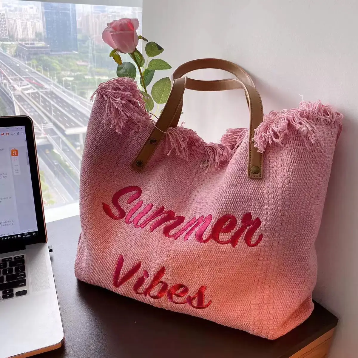 New Beach Canvas Tassels Bags Travel Tote Large Capacity Handbags Women's Fashion Simple Shoulder Bags Shopping