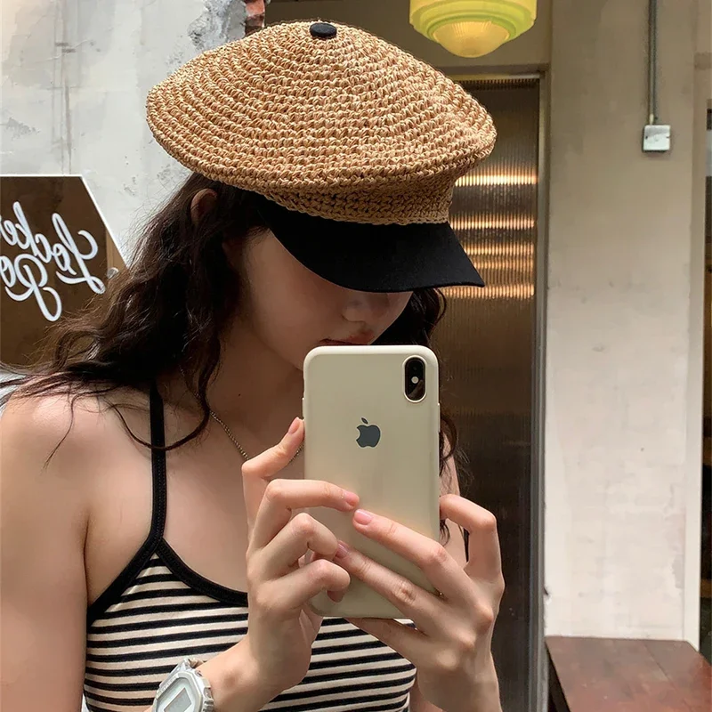 여성용 빨대 직조 베레모 모자, 야외 해변 빨대 모자, 조절 가능한 접합 모자, 우아한 프렌치 베레모, 여름 휴가