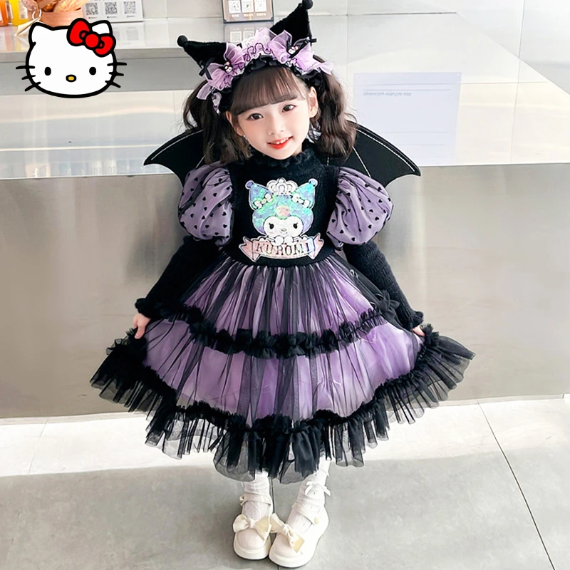 

Kawaii Sanrio Kuromi Dress Cute Cartoon Children's Winter Mesh Pleated Lolita Princess Dress Student Anime Little Devil Dress