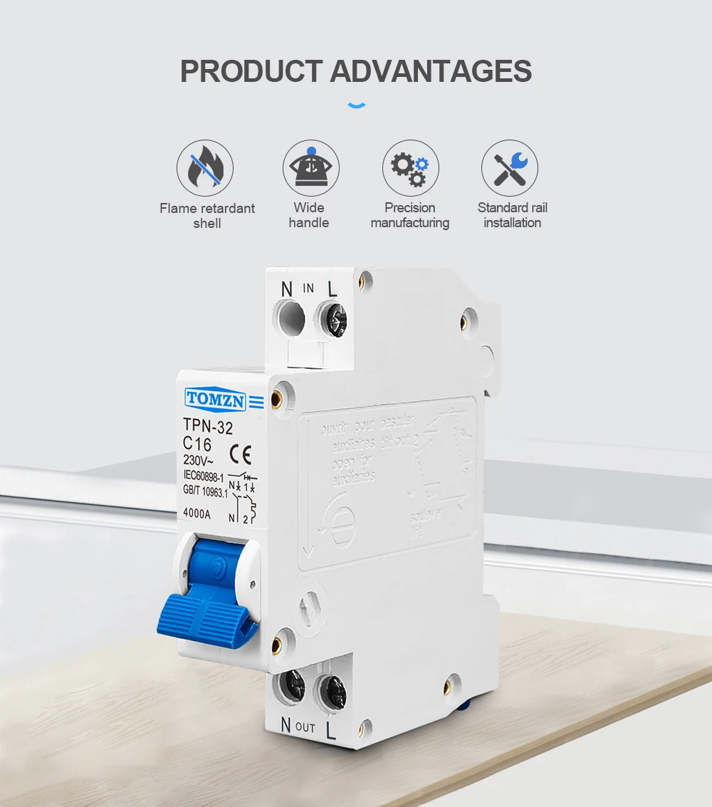 TPN 1P+N Mini Circuit Breaker MCB 10A 16A 20A 25A 32A 230V AC DIN Rail