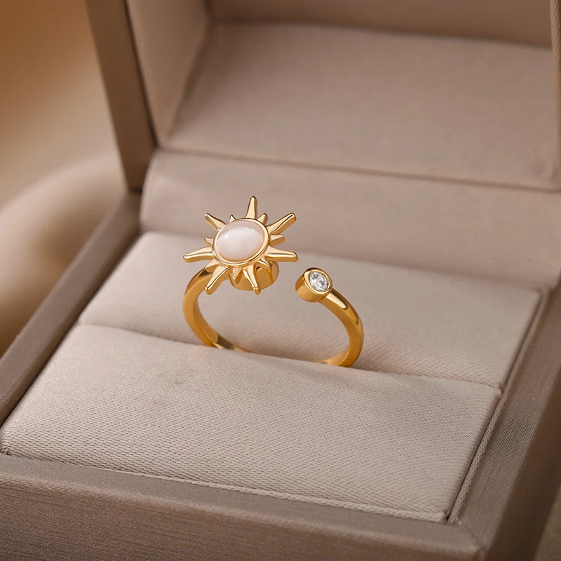 Rotating Sun Opal Ring Stainless Steel Retro Charm Adjustable Open Rings