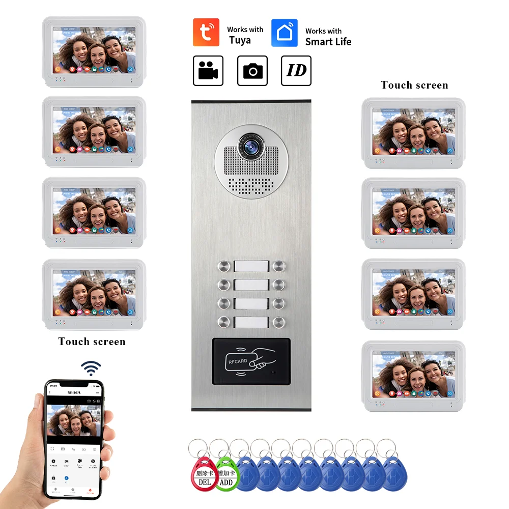 

7'' 1080P WIFI Color Video Door Phone Intercom System IR Night Vision Camera Doorbell +Indoor Monitor Screens for 2~8 Apartments