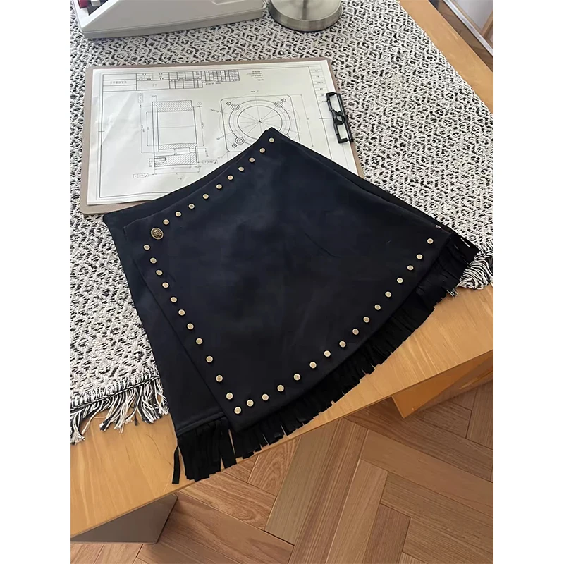 Y2K Suede Rivet Mini Skirt Women Harajuku Vintage Tassel Patchwork Black Skirts Winter Gyaru Streetwear Grunge Slim Faldas New