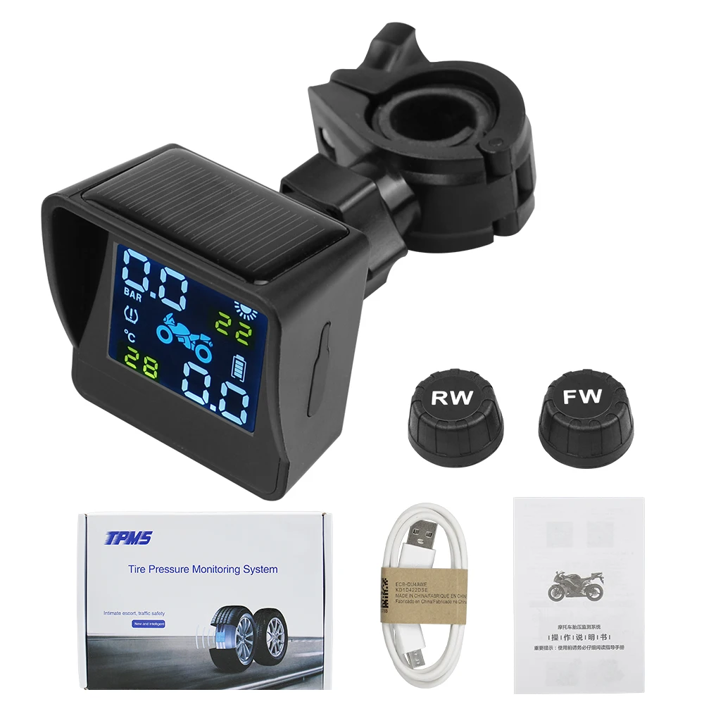 Motorcycle Tire Pressure Monitor USB Solar Charging Motorcycle TPMS Motor Tire Pressure Tyre Temperature Monitoring Alarm System 2 External