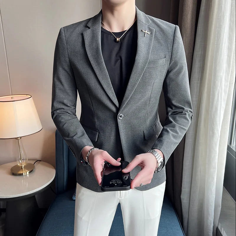 Luxury Men Blazer Spring and Autumn Fashion Men's Solid Color Casual Business Suit Jacket Groom Wedding Dress Party Suit Coat 2