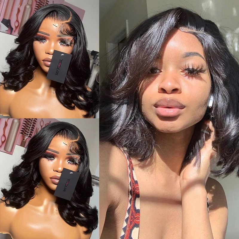 

13x6 Deep Part Short Bob Wig Wavy Lace Front Human Hair Wig Pre Plucked Transparent Lace Front Wig Glueless 5x5 Lace Closure Wig