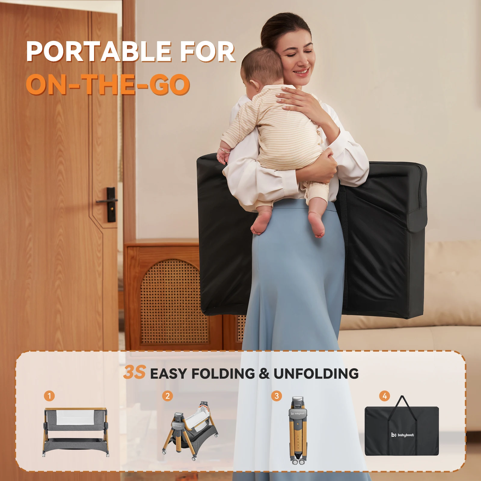 Cozy2 Baby Bedside Bassinet Sleeper Portable Travel Bassinet with Bigger Wheels 3 in 1 Crib with Mattress, Storage Bask