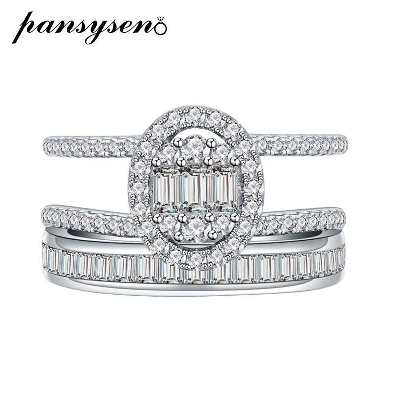 Pansysen New Trendy Solid 925 Sterling Silver High Carbon Diamond Wedding Engagement Ring18K White Gold Plated Fine Jewelry Gift