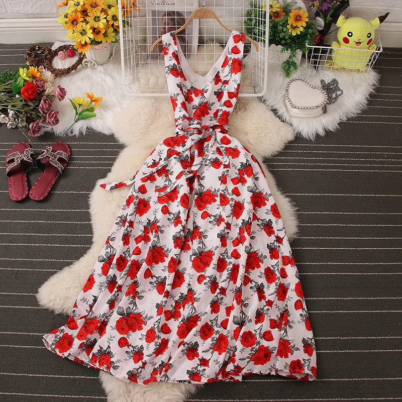 F43 Sweet Memory Blue Pink Black Yellow Flower Women Dresses New Fashion Lady Summer Sleeveless V-neck Girl Cocktail Dress