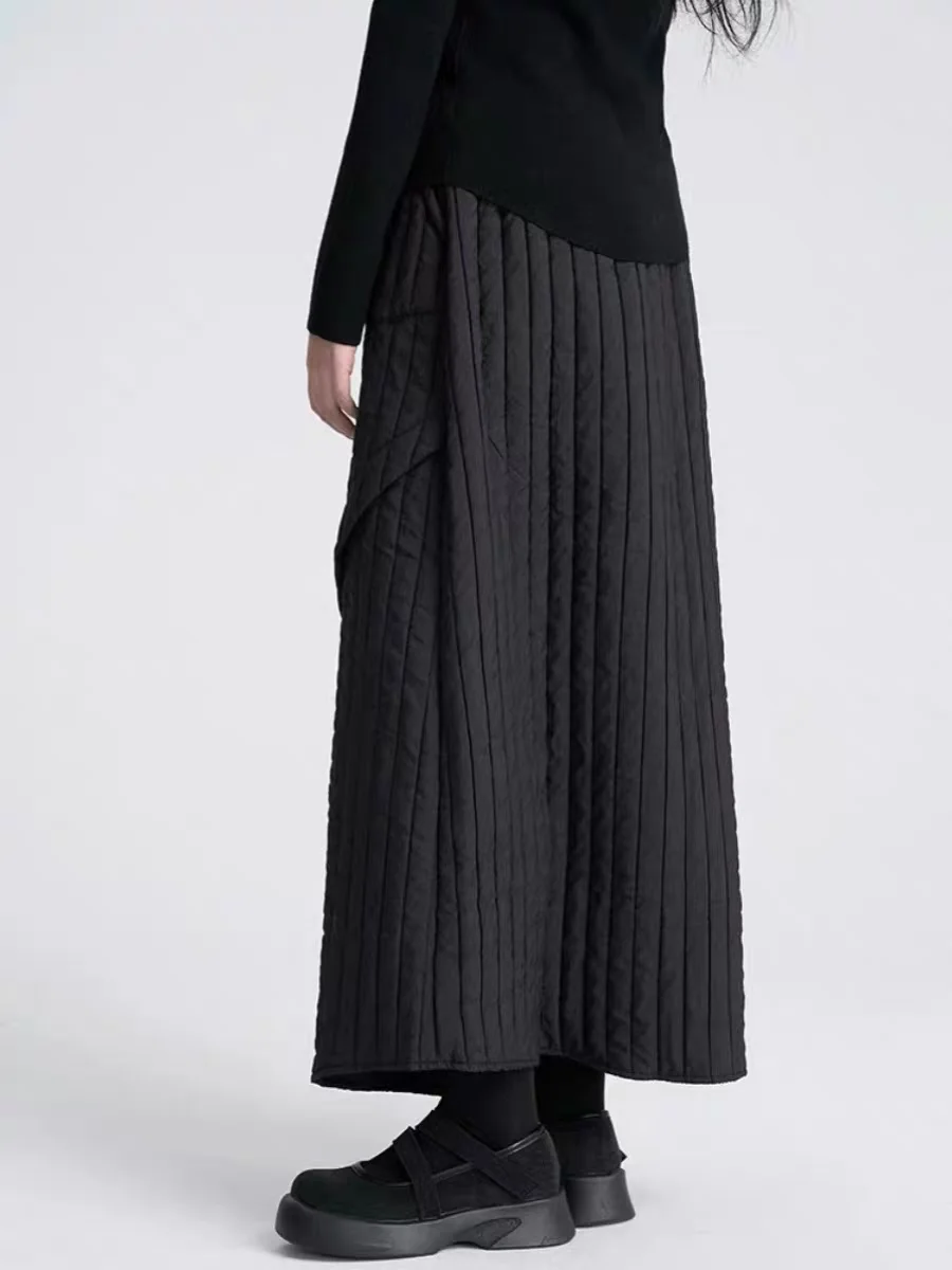 Retro High Waist Thiened Cotton f Skirt for Women Ele Bla  Skirt Korean Sle Commute Simple Pure Color