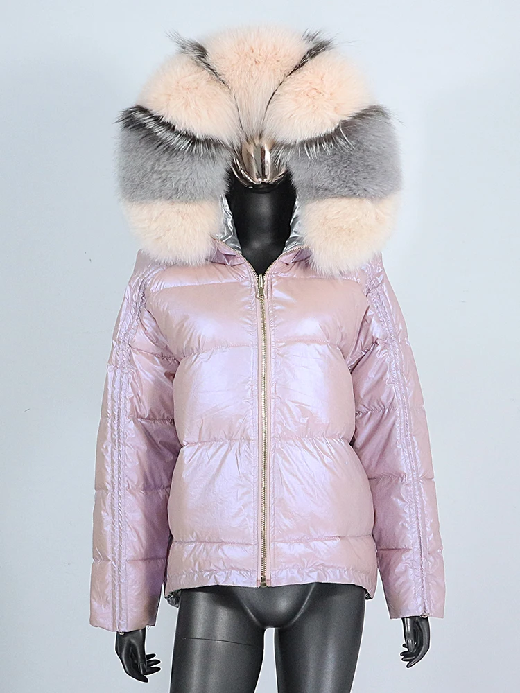 

2023 New Winter Jacket Women Real Fur Coat Natural Fox Fur Collar Loose Short Down Coat Sliver White Duck Both Sides Wear
