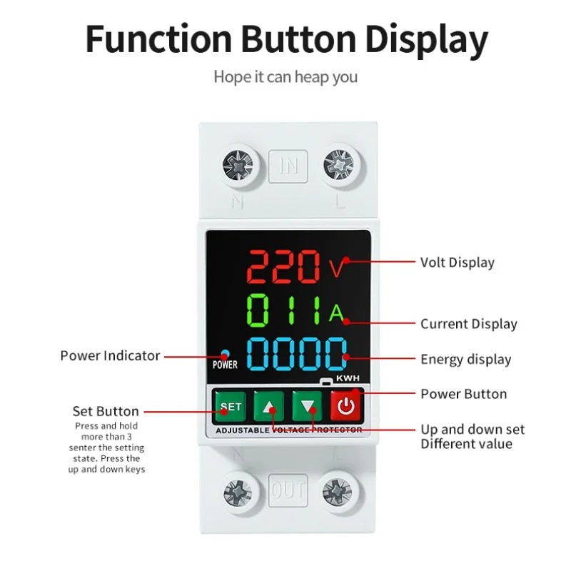 Din Rail Adjustable Voltage Protection Relay with Overcurrent Protection, 230V, 63A