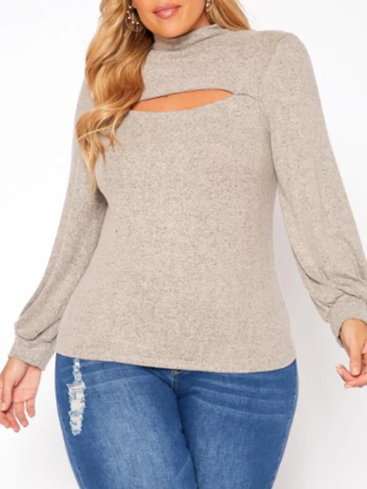 

Plus Size Women's Top Long Sleeved Knitted Hollow Casual Solid Autumn Keyhole Front Standing Collar Knitted Standing Collar Top
