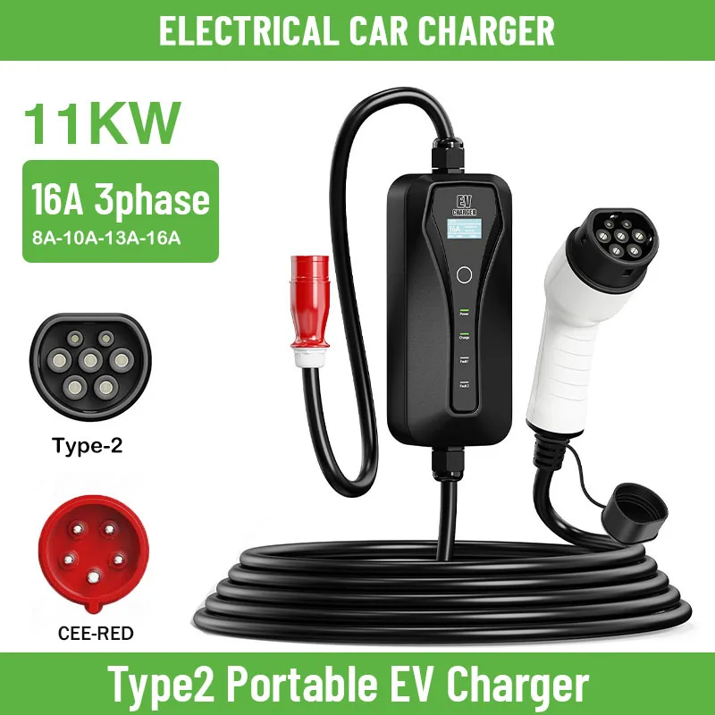

HQ 11KW 16A 3Phase Portable EV Charger Type 2 adjustable current Fast Charging Wallbox CEE Plug for Electric Car Charger Cable