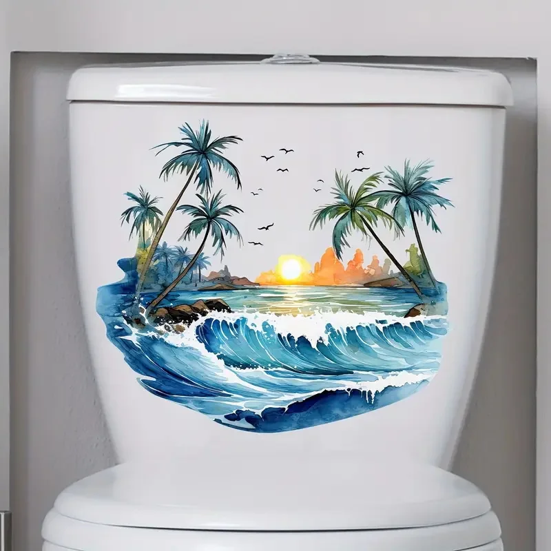 Summer Day Coconut Trees Self-Adhesive Toilet Stickers Wall Decal Removable Reusable PVC Sticker for Toilet Lid Bathroom Decor toilet stickers toilet wall stickers toilet seat stickers