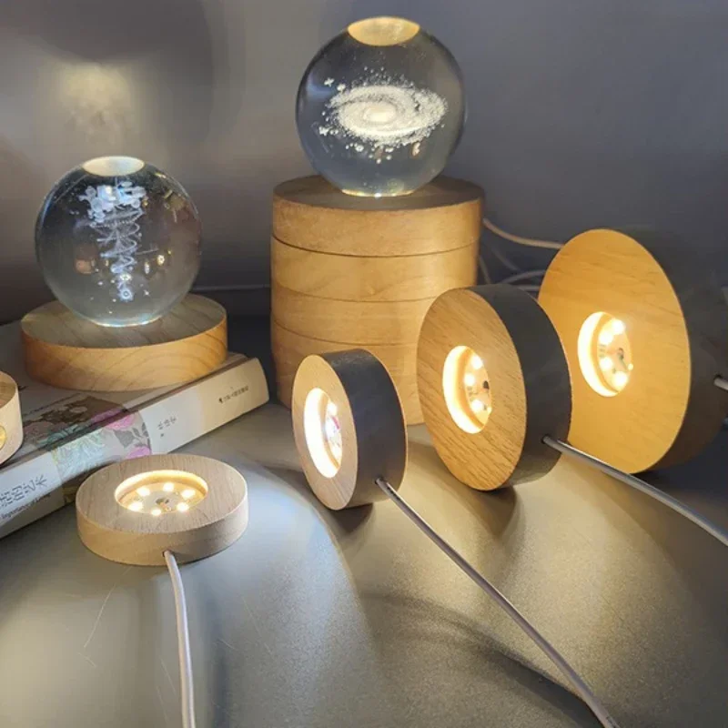 5-8cm Solid Wood LED USB Lamp Holder Display Base Night Light Luminous Bottle Coasters Crystal Ball Glass Ornament Stand Decor 5