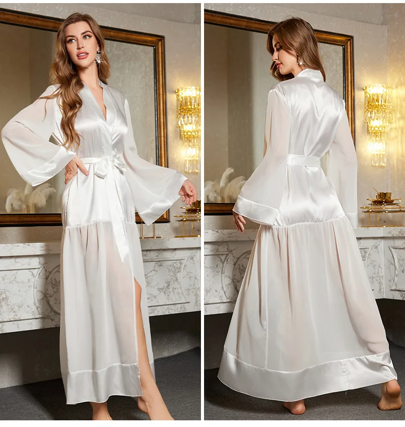 Female Long Robe Sexy White Mesh Patchwork Nightgown Kimono Bathrobe Dressing Gown New Elegant Silky Satin Home Dress Loungewear