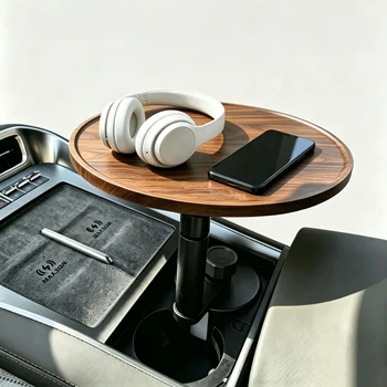 Tavolino da Auto con Rotazione a 360 Gradi ° Supporto per tazza in legno con rotazione e braccio in metallo per Tesla Model Y/3/S e la maggior parte dei veicoli