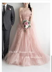 OLOEY Elegant Blush Pink Tulle Long Prom Dresses Spaghetti Straps Tiered Floor Length Wedding Photo shoot Party Evening Gowns