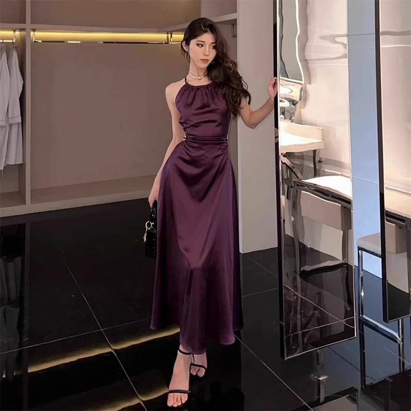 

Purple Neck Hanging Strap Dress Children's Summer 2023 New High Cold Royal Sister Wind Beach Resort Long Dress