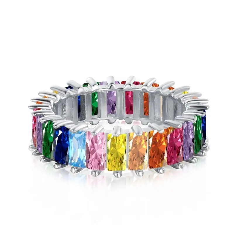 

18K Gold Plated Emerald-Cut Rainbow Colorful Cubic Zirconia Stackable Eternity Band Ring Fing Jewelry