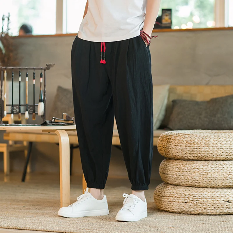 Men's Cotton and Hemp Pants M-5XL Spring and Autumn Men's Cotton and Hemp Pants Loose Drawstring Lantern Pants Haren Japanese Casual
