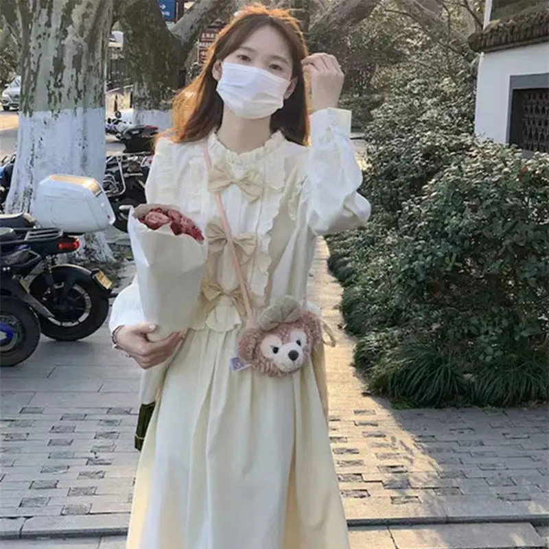 

Autumn and winter gentle bow dress for female students New Korean version sweet college style slim long-sleeved dress female