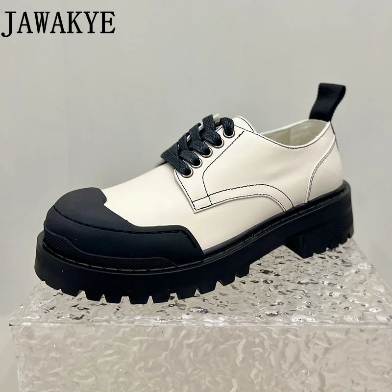 

Color Blocking White Black Leather Women's Oxfords Formal Ladies Office Shoes Professional Lace Up Derby Shoes