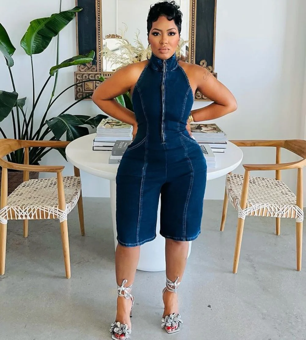Women Jumpsuit Summer Zipper Sexy Slim Sleeveless Backless Stretch Denim Halter Jumpsuit Fashion Short Jeans Straight Jumpsuit