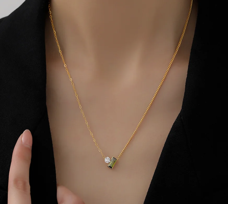 Simple Necklaces Emerald Zircon Pendant Titanium Steel Non Fading