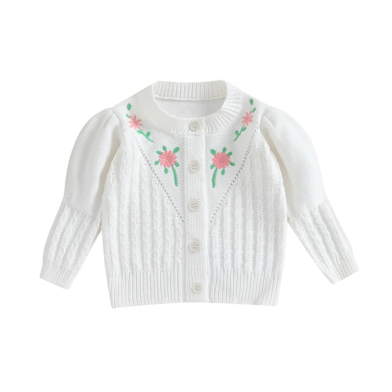 Baby Girls Autumn Winter Knit Sweater Long Sleeve Flower Embroidery Button Up Knitwear