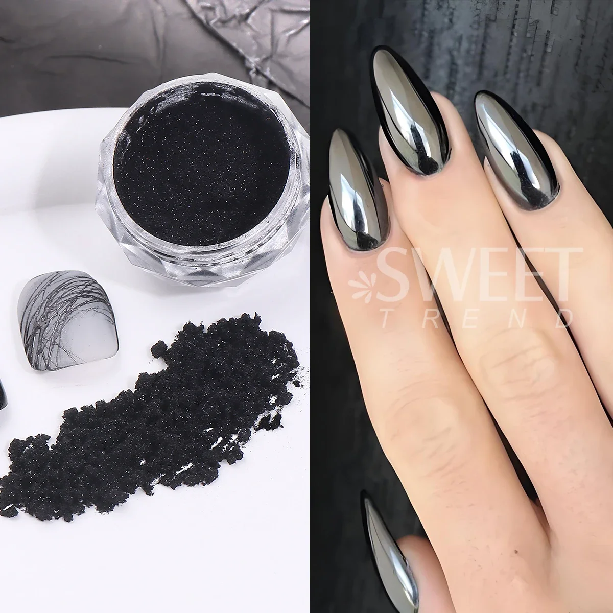 4pcs Y2K Metallic Chrome Nail Glitter Powder Punk Silver Black Metal Mirror Pigment Rubbing Dust DIY Charm Manicure Decoration