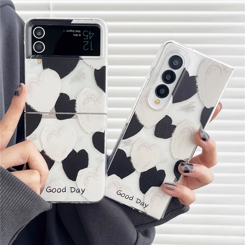 Custodia Per Telefono Laser Black White Love Heart Per Samsung Galaxy Z Fold 2 3 4 Custodia Rigida Per Galaxy Zflip3 Zflip4 Solid Shell Bracket