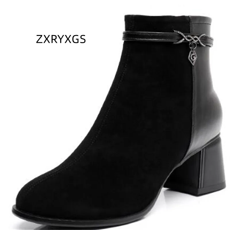 

ZXRYXGS Premium Cowhide Frosted Sheepskin Splicing Women Leather Boots High Heel Boots 2022 Large Size Autumn Winter Boots Black