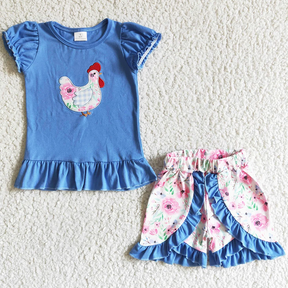 

Hot Sale Toddler Baby Girl Clothes Set Chicken Embroidery Boutique Girls Clothing Summer Kids Outfits Short Sleeve Ruffle Shorts