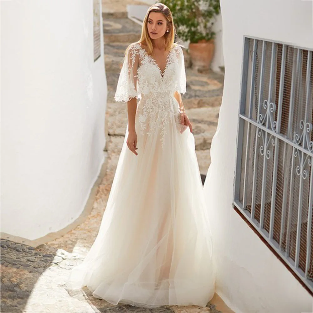 LoveDress V-Neck Wedding Dress Half Shawl Sleeve Lace Appliques Boho Backless Bride Gown A-Line Sweep Train Vestido de novia