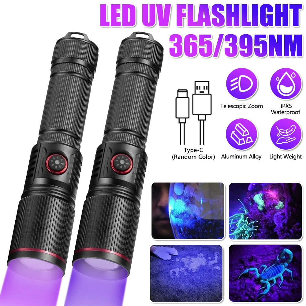 

Mini 365nm/395nm UV Flashlight 10W Zoomable Type C Rechargeable Black Light Money Detector for Resin Curing Pet Urine Detection
