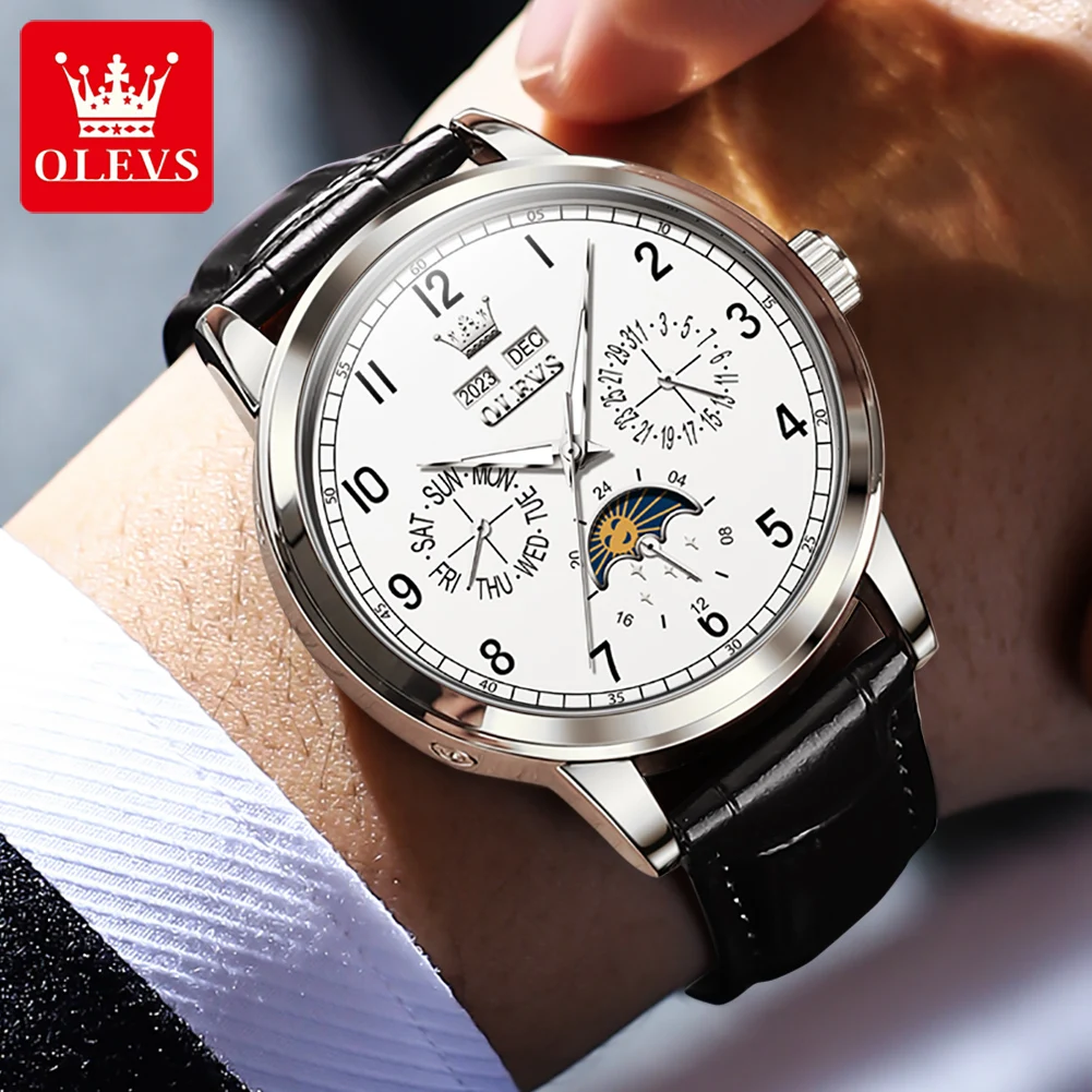 OLEVS Top brand Luxury Moon Phase Automatic Mechanical Watch for Men Date Week Leather Strap Waterproof Man's Watches Luminous 3