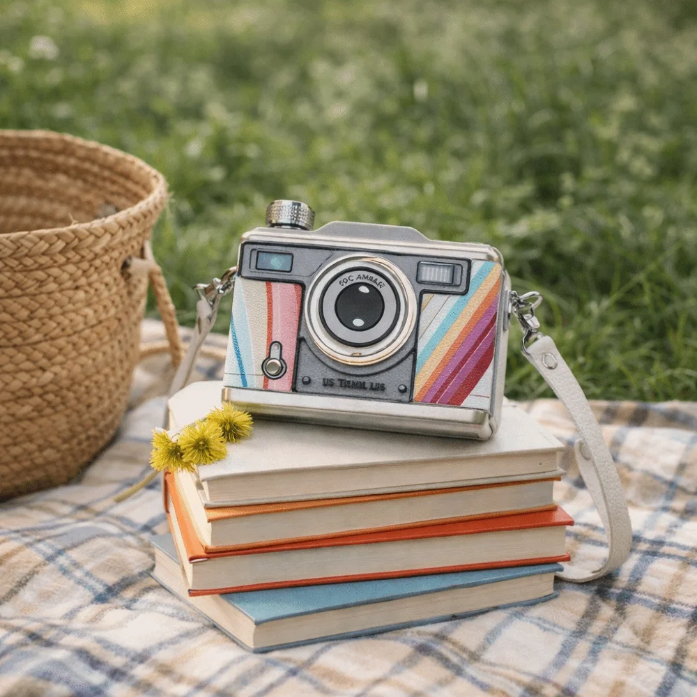 스테인리스 스틸 카메라 모양 힙 플라스크 탈부착 가능한 스트랩 위스키 용기 병 누수 방지 11온스 325ml 위스키 플라스크