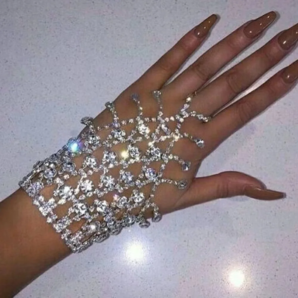 

New Handmade Bohemia Rhinestone Mesh Finger Ring Bracelets for Women Belly Dance Crystal Bangle Fashion Jewelry Accessories