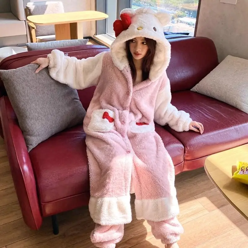 

Новинка, милая пушистая пижама Hello Kitty Sanrio с бантом, осенне-зимняя длинная Пижама для милой девушки, плюшевая домашняя одежда для пар из аниме