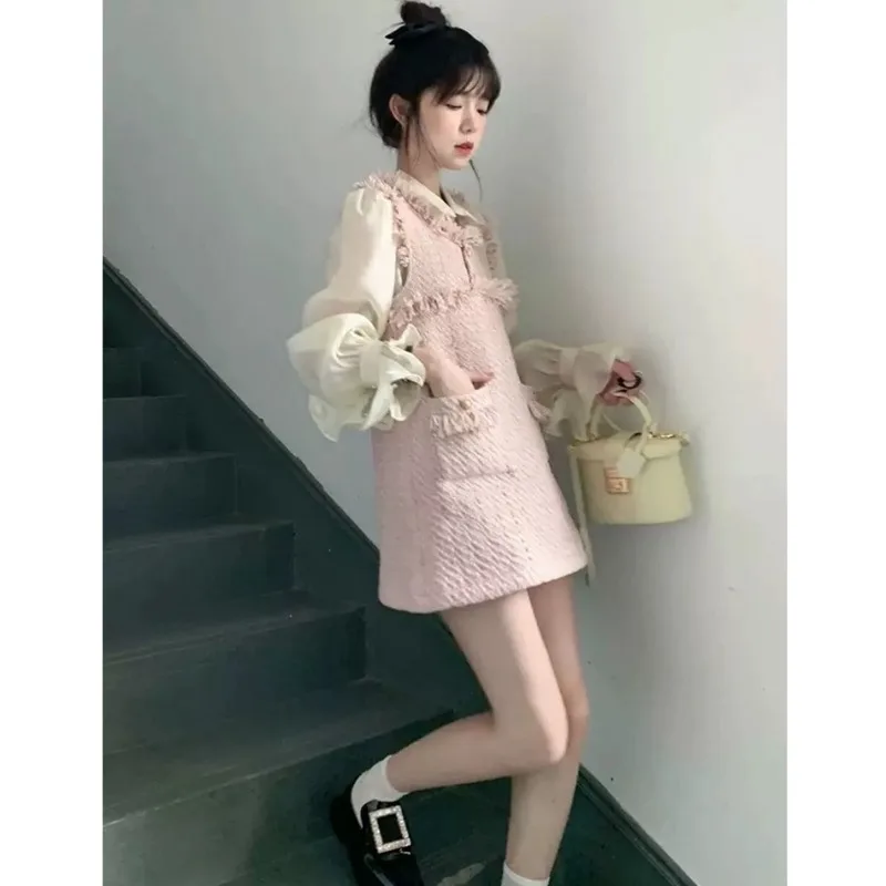 

Korean Fashion Solid Color Shirt 2023 New Autumn Popular High End Small Fragrance Tank Top Dress Two Piece Set Female Clothing