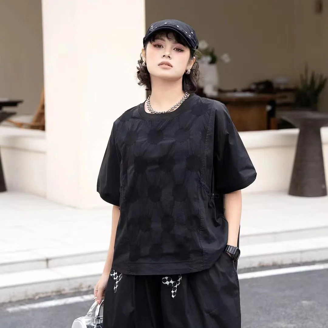 

240307 Solid Color Irregular Summer New Fashion Short Sleeve T-shirt Partchwork Loose Casual Personality Tops