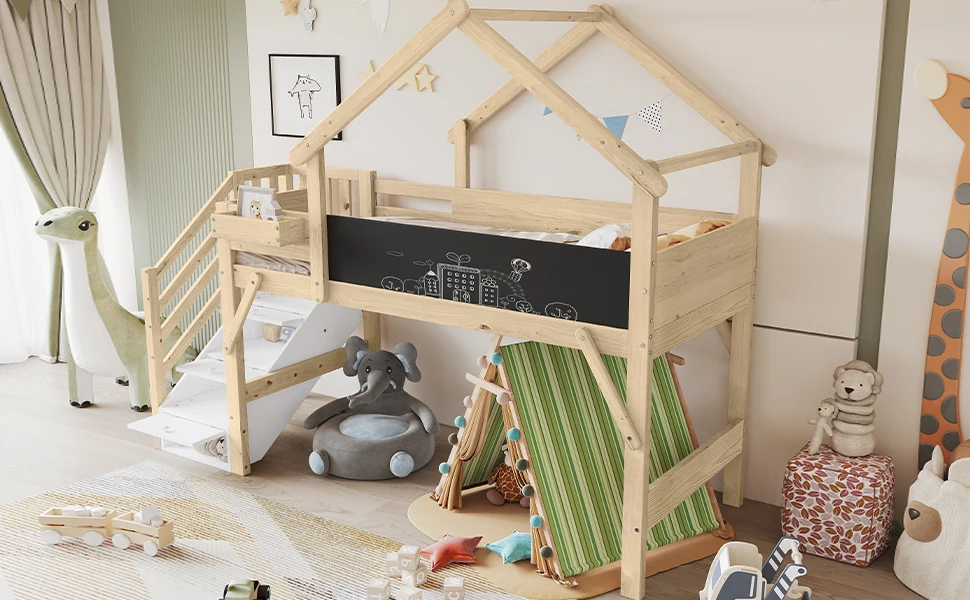 Etagenbett, Kinderbett mit Absturzsicherung und Geländer, einzigartiges Dachdesign, beschreibbare Tafel, mit 3 Schließfächern in der Treppe – Detail 9