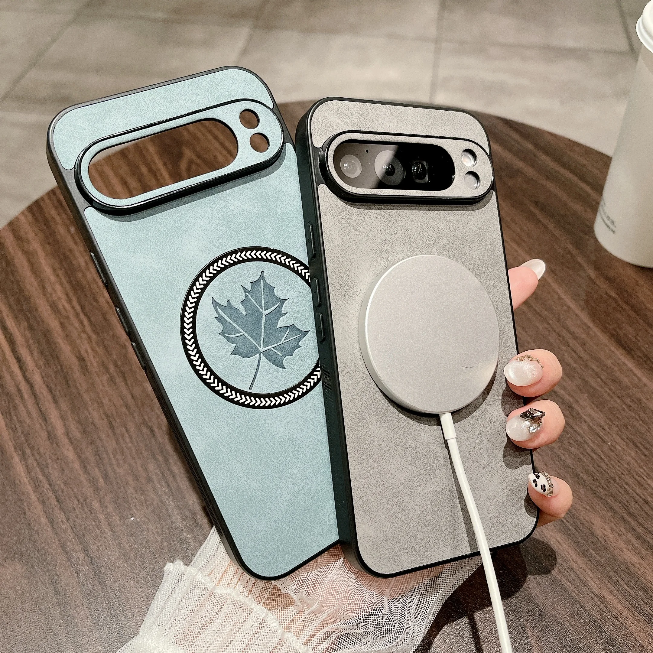 Luxury Leather Maple Leaf Phone Case with Magnetic Wireless Charging Capability
